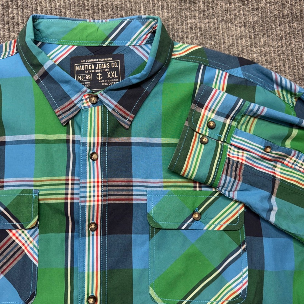 Nautica Jeans Co Mens XXL Green Blue Plaid Long Sleeve Button Up Shirt NJ-99